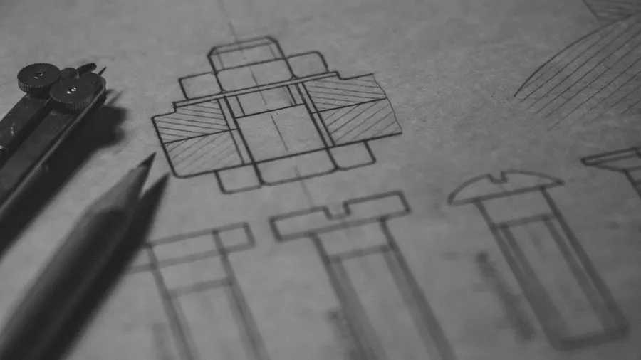 Technical blueprint with drafting compass and pencil